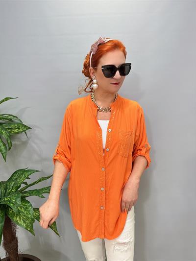 2580 Italyan Payet Detay Gömlek Bluz Turuncu