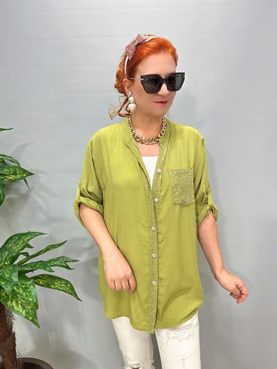 2580 Italyan Payet Detay Gömlek Bluz Yeşil