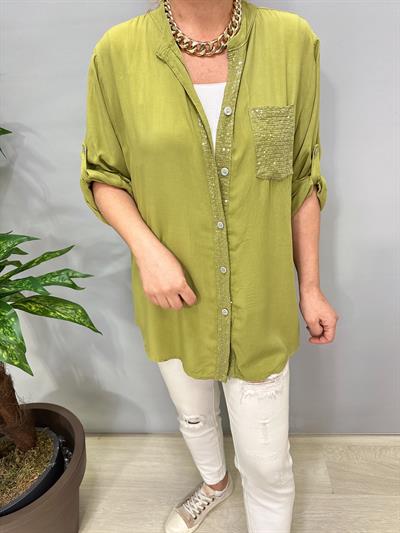 2580 Italyan Payet Detay Gömlek Bluz Yeşil