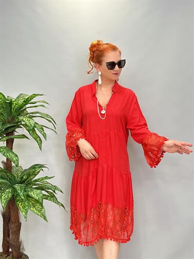 2585 Dantel Fisto Detay Elbise Mercan