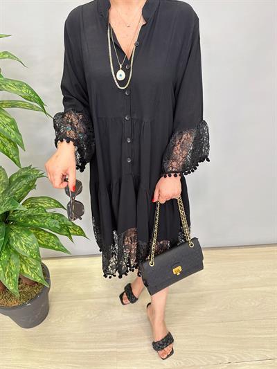 2585 Dantel Fisto Detay Elbise Siyah