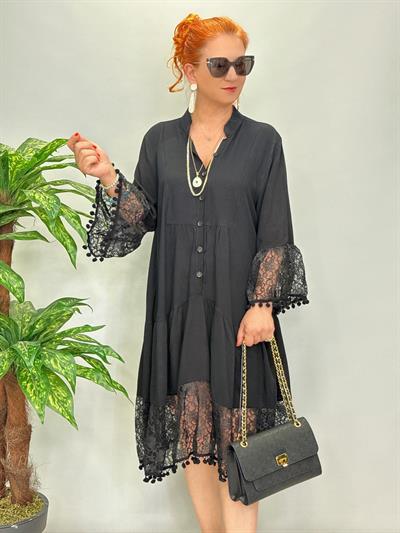 2585 Dantel Fisto Detay Elbise Siyah