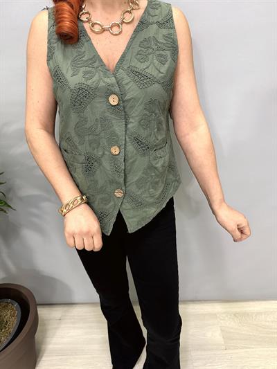 2602 Italyan Nakışlı Astarlı  Yelek Bluz Haki