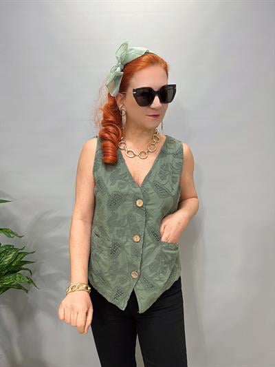 2602 Italyan Nakışlı Astarlı  Yelek Bluz Haki