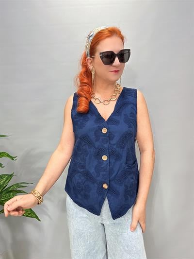2602 Italyan Nakışlı Astarlı  Yelek Bluz Lacivert