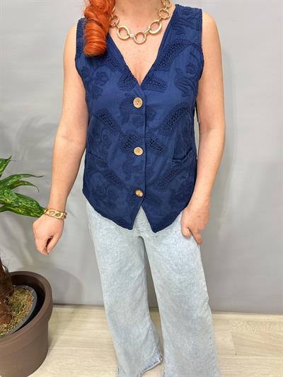 2602 Italyan Nakışlı Astarlı  Yelek Bluz Lacivert