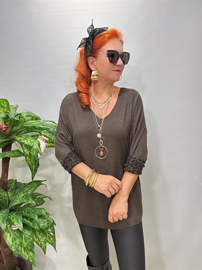 2626 Italyan İçi Leopar Detay Triko Bluz Kahve