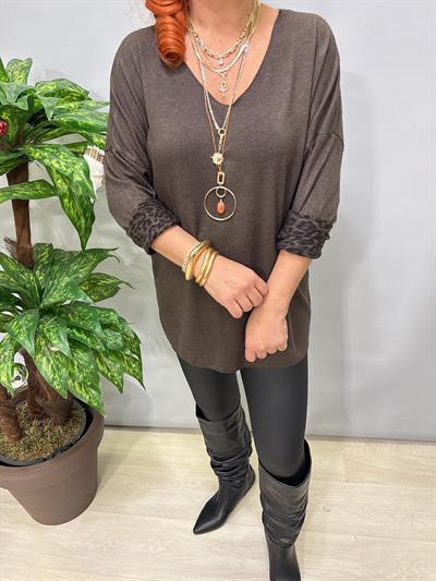 2626 Italyan İçi Leopar Detay Triko Bluz Kahve