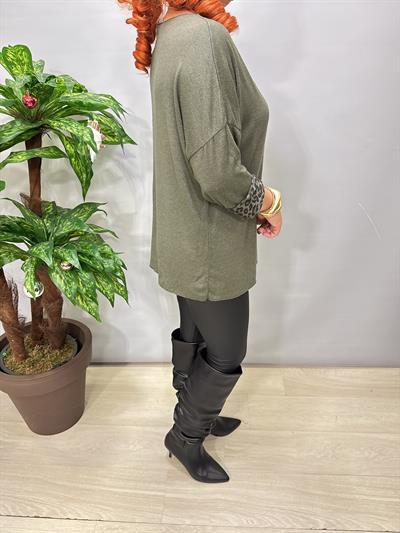 2626 Italyan İçi Leopar Detay Triko Bluz Yeşil