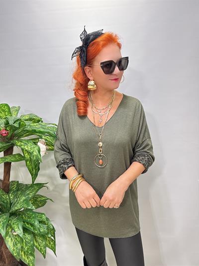 2626 Italyan İçi Leopar Detay Triko Bluz Yeşil