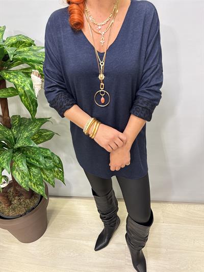 2626 Italyan İçi Leopar Detay Triko Bluz Lacivert