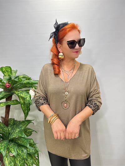 2626 Italyan İçi Leopar Detay Triko Bluz Vizon