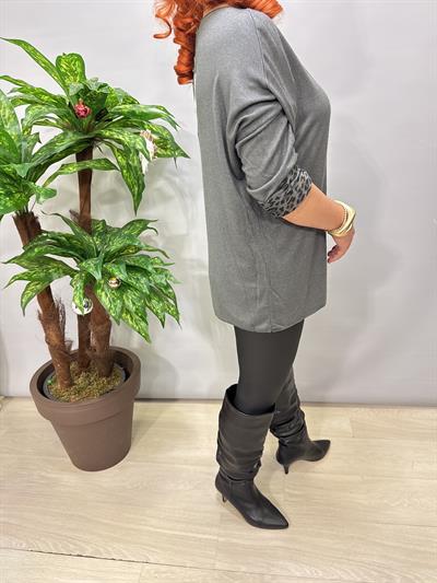 2626 Italyan İçi Leopar Detay Triko Bluz Gri