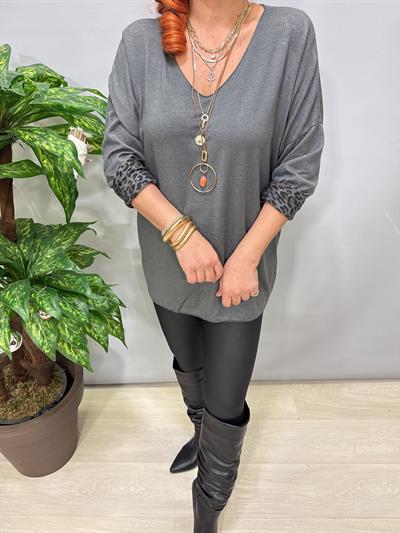 2626 Italyan İçi Leopar Detay Triko Bluz Gri