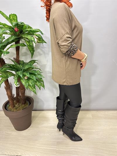 2626 Italyan İçi Leopar Detay Triko Bluz Vizon
