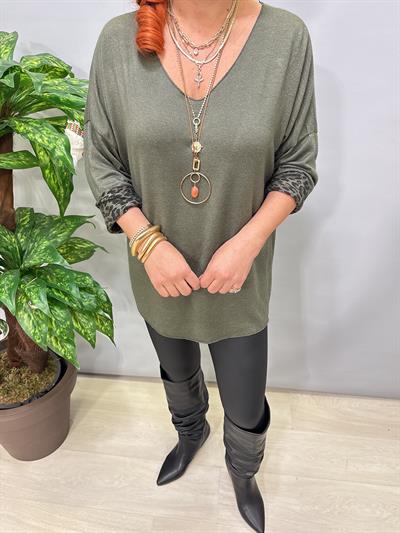 2626 Italyan İçi Leopar Detay Triko Bluz Yeşil