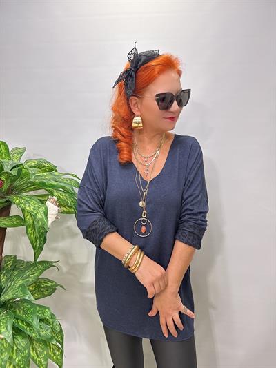 2626 Italyan İçi Leopar Detay Triko Bluz Lacivert