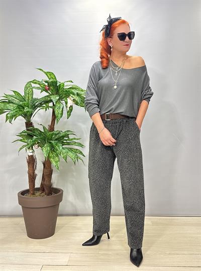 2645 Leopar Detay Kadife Pantolon Gri