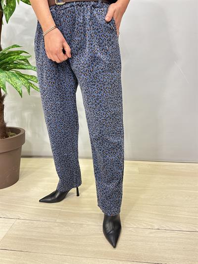 2645 Leopar Detay Kadife Pantolon Mavi