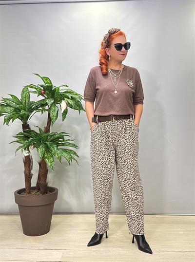 2645 Leopar Detay Kadife Pantolon Taş