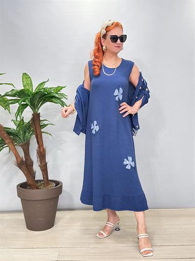 2685 Müslin Ceketli Elbise Saks Mavi