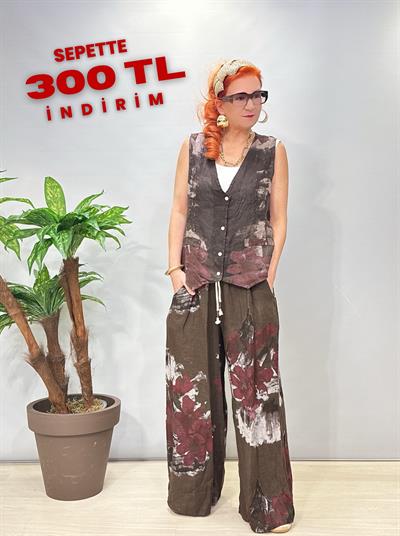 2688 Italyan Keten Yelekli Takım Acı Kahve