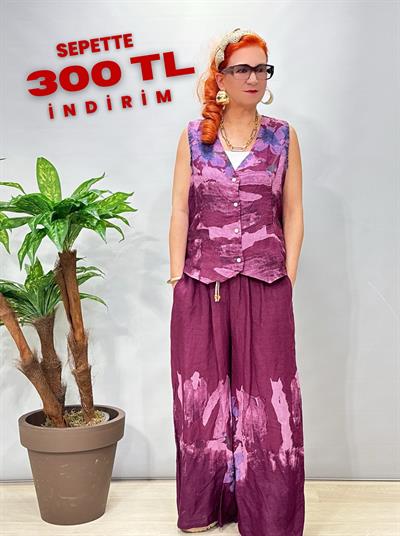 2688 Italyan Keten Yelekli Takım Patlıcan Moru