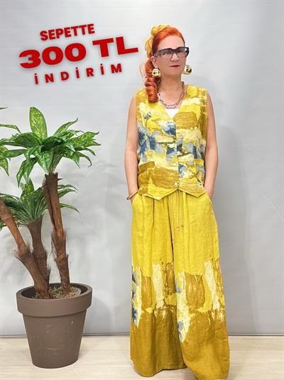 2688 Italyan Keten Yelekli Takım Yağ Yeşili