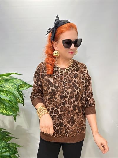 2826 Leopar Desenli Yumoş Bluz Kahve 