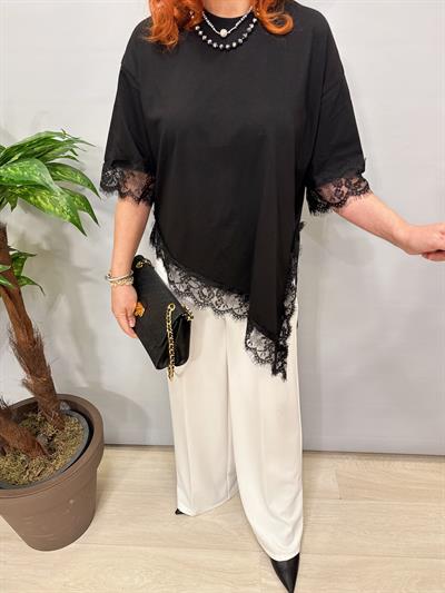 2865 Asimetrik Dantel Detay Bluz Siyah