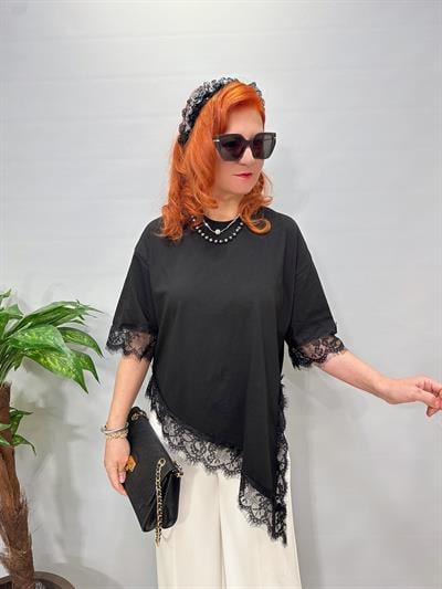 2865 Asimetrik Dantel Detay Bluz Siyah