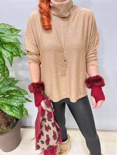 2888 Italyan İnce Dökümlü Yaka Triko Camel 