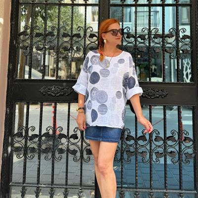 3000 İTALYAN PAMUK YUVARLAK DESEN BLUZ BEYAZ 46 BEDENE KADAR UYUMLUDUR