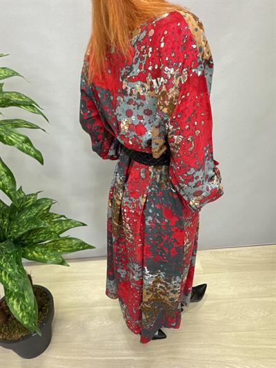 MNS 3005 PAMUKLU VİSKON GÖMLEK ELBİSE GRİ / KIRMIZI (KEMER DAHİL DEĞİLİDİR.)