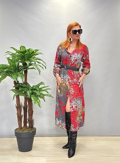 MNS 3005 PAMUKLU VİSKON GÖMLEK ELBİSE GRİ / KIRMIZI (KEMER DAHİL DEĞİLİDİR.)