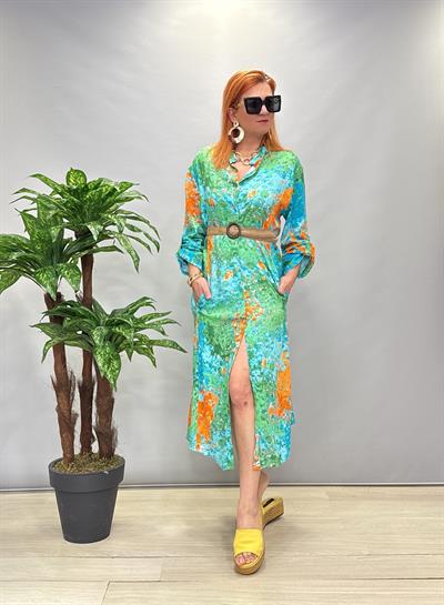 MNS 3005 PAMUKLU VİSKON GÖMLEK ELBİSE TURKUAZ (KEMER DAHİL DEĞİLİDİR.)