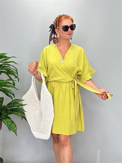 3014 Pamuklu Kruvaze Elbise Açık Yeşil