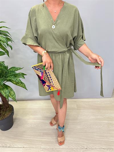 3014 Pamuklu Kruvaze Elbise Haki