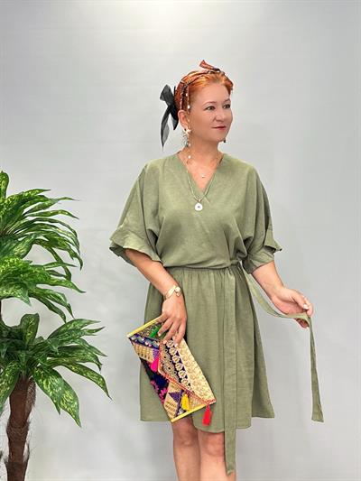 3014 Pamuklu Kruvaze Elbise Haki