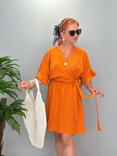 3014 Pamuklu Kruvaze Elbise Turuncu