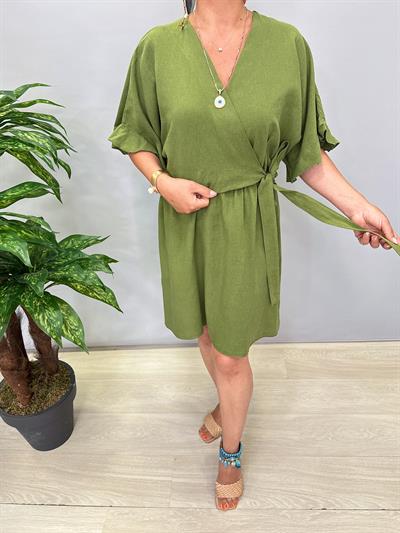 3014 Pamuklu Kruvaze Elbise Yeşil