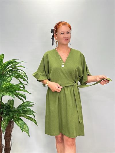 3014 Pamuklu Kruvaze Elbise Yeşil