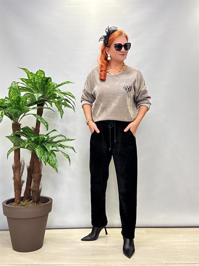 3019 Şönil Kadife Kemersiz Pantolon Siyah