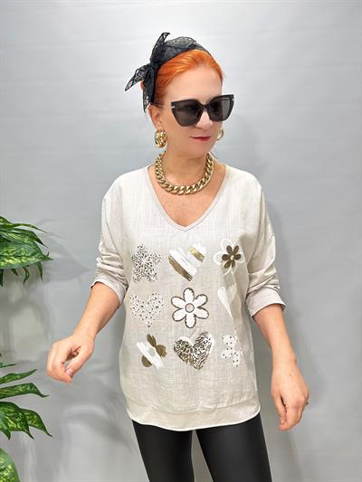 3021 Italyan Pamuklu Bluz Taş