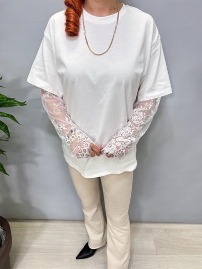 3061 Kolu Dantelli Bluz Beyaz