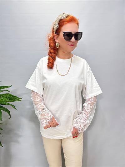 3061 Kolu Dantelli Bluz Beyaz