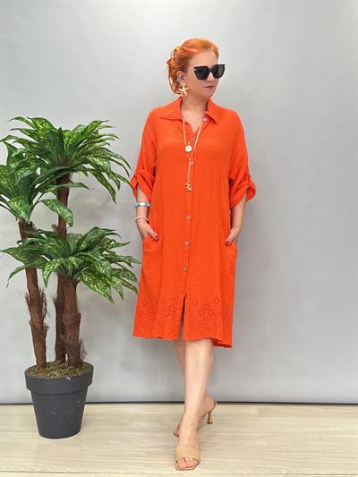 3088  Fisto Detay Pamuklu Elbise Turuncu Tonu