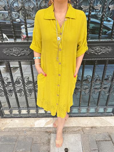 3088  Fisto Detay Pamuklu Elbise Yeşil Tonu