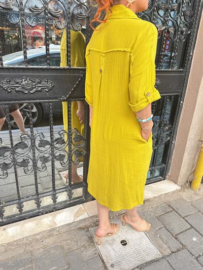 3088  Fisto Detay Pamuklu Elbise Yeşil Tonu