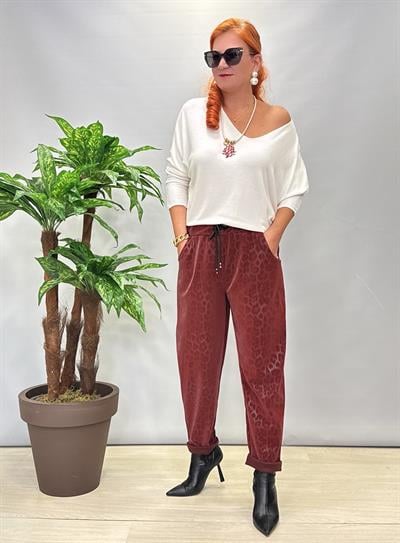 3212 Italyan Deri Görünümlü Desenli Pantolon Bordo